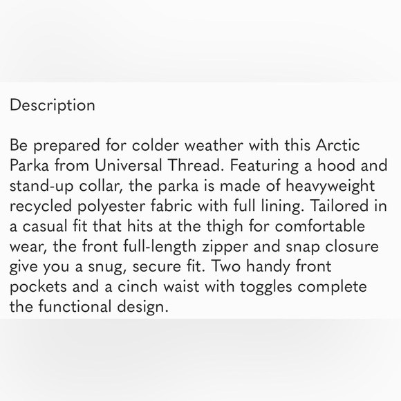 Universal Thread Arctic Parker Water Resistant Coat NWT - Picture 13 of 13